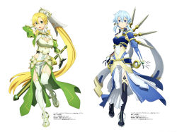 Rule 34 | 2girls, :d, absurdres, armor, black footwear, blonde hair, blue armor, blue eyes, blue hair, boots, breastplate, breasts, closed mouth, elbow gloves, faulds, full body, garter straps, gloves, green eyes, green gloves, hair between eyes, hair ornament, hand in own hair, highres, large breasts, leafa (terraria), long hair, looking at viewer, multiple girls, official art, open mouth, ponytail, short hair with long locks, shoulder armor, side slit, sidelocks, simple background, sinon (solus), smile, standing, sword art online, thigh boots, thighhighs, thighs, very long hair, white background