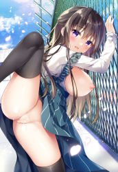 Rule 34 | 1girl, :d, absurdres, aftersex, black hair, black thighhighs, blush, breasts, chain-link fence, cherry blossoms, commentary request, cum, cum in pussy, day, dress, fence, green dress, highres, large breasts, leg up, long hair, long sleeves, looking at viewer, murasaki (murasakiiro no yoru), nipples, no panties, open mouth, original, outdoors, purple eyes, pussy, rooftop, shirt, smile, solo, spring (season), striped clothes, striped dress, thighhighs, vertical-striped clothes, vertical-striped dress, white shirt