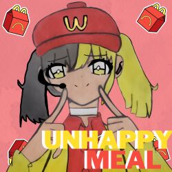 Rule 34 | 1girl, black hair, blonde hair, food, french fries, happy meal, hat, headset, highres, long sleeves, mcdonald&#039;s, non-web source, red hat, shyne morales, simple background, solo, twintails, uniform