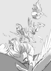 Rule 34 | 1girl, ahoge, dress, closed eyes, falling, feathered wings, feathers, female focus, foreshortening, hair between eyes, harpy, highres, long hair, lying, monster girl, motion lines, mutouki, on stomach, open mouth, original, sequential, solo, tears, wide-eyed, wings