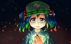 Rule 34 | 1girl, blue eyes, blue hair, dark background, green hat, hair bobbles, hair ornament, hat, kawashiro nitori, lights, looking at viewer, own hands clasped, own hands together, touhou, two side up, welt (kinsei koutenkyoku)
