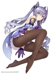 Rule 34 | 1girl, bare shoulders, blush, breasts, brown pantyhose, cone hair bun, double bun, dress, frilled gloves, frills, genshin impact, gloves, hair bun, hair ornament, keqing (genshin impact), legs, long hair, looking at viewer, medium breasts, pantyhose, purple dress, purple eyes, purple gloves, purple hair, simple background, solo, tony taka, twintails, white background