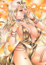 Rule 34 | 1girl, azur lane, blonde hair, breasts, brown eyes, cleavage, cowboy shot, dress, evening gown, gold dress, hair over one eye, highres, large breasts, long hair, looking at viewer, marker (medium), nevada (a magnificent banquet) (azur lane), nevada (azur lane), official alternate costume, parted lips, pelvic curtain, saya pr, solo, traditional media