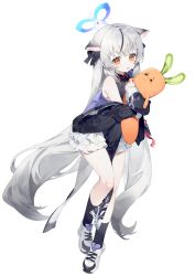 Rule 34 | 1girl, animal ears, black bow, black dress, black hair, blue archive, bow, carrot, china dress, chinese clothes, dress, frills, full body, grey hair, hair bow, halo, highres, holding, holding stuffed toy, kokona (blue archive), long hair, long sleeves, looking at viewer, meunhongcha, off shoulder, orange eyes, parted lips, pelvic curtain, simple background, solo, stuffed toy, very long hair, white background
