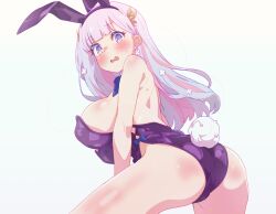 Rule 34 | 1girl, alternate costume, animal ears, arbiter1, ass, azur lane, blue leotard, blunt bangs, blush, bow, bowtie, detached collar, earrings, embarrassed, fake animal ears, fake tail, from side, highleg, highleg leotard, highres, jewelry, leotard, long hair, pink hair, playboy bunny, plymouth (azur lane), purple eyes, rabbit ears, rabbit tail, strapless, strapless leotard, tail, traditional bowtie, white background