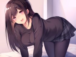 Rule 34 | 1girl, absurdres, all fours, black pantyhose, black shirt, blush, breasts, brown hair, commentary request, hanging breasts, highres, long hair, long sleeves, medium breasts, miniskirt, nyum, on bed, open mouth, original, pantyhose, pink eyes, plaid, plaid skirt, pleated skirt, shirt, skirt, smile, solo, taut clothes, taut shirt