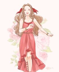 Rule 34 | 1girl, aerith gainsborough, aerith gainsborough (pink dress), bangle, belt, bracelet, brown hair, closed eyes, commentary request, crisis core final fantasy vii, dress, final fantasy, final fantasy vii, final fantasy vii remake, flower, hair ribbon, highres, jewelry, light blush, long dress, long hair, nail polish, official alternate costume, omochi odango, open mouth, parted bangs, red dress, ribbon, sidelocks, simple background, smile, solo, teeth, upper teeth only, wall market