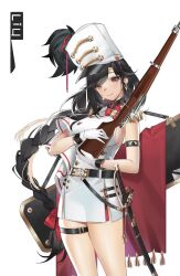 Rule 34 | 1girl, battle rifle, belt, black hair, bolt action, bow, braid, braided ponytail, breasts, brown eyes, closed mouth, commentary, earrings, english commentary, feet out of frame, general liu (girls&#039; frontline), general liu (musings in the morn) (girls&#039; frontline), general liu rifle, girls&#039; frontline, gloves, gun, hair bow, highres, holding, holding gun, holding weapon, jewelry, large breasts, light blush, lips, long hair, looking at viewer, marching band, official alternate costume, over shoulder, rifle, sleeveless, smile, solo, standing, sword, thigh strap, thighs, tupolev-160 (artist), weapon, weapon case, weapon over shoulder, white background, white gloves, white headwear