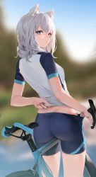 Rule 34 | 1girl, absurdres, animal ear fluff, animal ears, ass, bicycle, bike shorts, blue archive, blue eyes, blue shorts, blurry, blurry background, blush, breasts, bright pupils, butt crack, clothes pull, cycling uniform, day, dimples of venus, from behind, grey hair, highres, leviathan (hikinito0902), looking at viewer, looking back, medium breasts, medium hair, multicolored shirt, outdoors, pulled by self, shiroko (blue archive), shiroko (cycling) (blue archive), shirt, short shorts, short sleeves, shorts, sideboob, solo, sweatdrop, thighs, white hair, white pupils, white shirt, wolf ears
