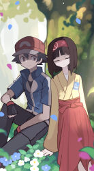 Rule 34 | 1boy, 1girl, absurdres, ash ketchum, baseball cap, black gloves, black hair, blue flower, blue jacket, closed eyes, closed mouth, commentary, commission, creatures (company), erika (pokemon), falling petals, fingerless gloves, flower, game freak, gloves, grey pants, hakama, hakama skirt, hat, headband, highres, jacket, japanese clothes, kimono, medium hair, nintendo, outdoors, pants, petals, pixiv commission, pokemon, pokemon (anime), pokemon frlg, pokemon xy (anime), putchi (kinokonokami), red hakama, red hat, red headband, short hair, short sleeves, sitting, skirt, smile, tree, white flower, yellow kimono