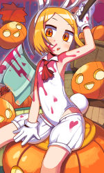 Rule 34 | 1girl, :d, absurdres, animal ears, ascot, autumn leaves, axe, balloon, basket, blonde hair, blood, blood splatter, child, collared leotard, fake animal ears, fate/grand order, fate (series), flat chest, gloves, halloween, heroic spirit festival outfit, highres, holding, holding axe, jack-o&#039;-lantern, lakilolom, leaf, leotard, looking at viewer, open mouth, orange eyes, paul bunyan (fate), paul bunyan (festival outfit) (fate), playboy bunny, puffy shorts, pumpkin, rabbit ears, rabbit tail, short hair, shorts, smile, tail, teeth