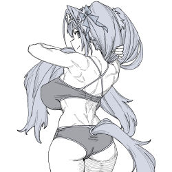 Rule 34 | 1girl, bra, breasts, cowboy shot, daiwa scarlet (umamusume), from behind, greyscale, hair ribbon, highres, horse tail, large breasts, long hair, looking at viewer, monochrome, muscular, muscular female, onsen tamago (hs egg), panties, ribbon, simple background, solo, standing, tail, tiara, twintails, umamusume, underwear, very long hair, white background