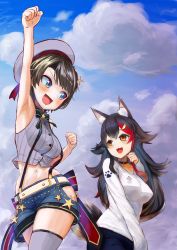 Rule 34 | 2girls, :3, :d, animal ear fluff, animal ears, arm up, armpits, beret, black hair, blue eyes, blush, bow, bowtie, breasts, clenched hands, cloud, cloudy sky, commentary request, cowboy shot, day, grey legwear, hair ornament, hat, highres, hip vent, hololive, long hair, long sleeves, looking at another, medium breasts, midriff, multicolored hair, multiple girls, navel, ookami mio, ookami mio (casual), oozora subaru, oozora subaru (work), oozumi 03, open mouth, paw print, red hair, shirt, short hair, short shorts, shorts, sky, sleeveless, sleeveless shirt, smile, streaked hair, suspender shorts, suspenders, thighhighs, virtual youtuber, wolf ears, yellow eyes