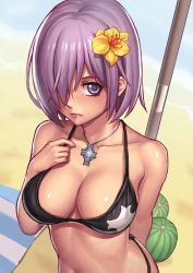 Rule 34 | 1girl, absurdres, alternate costume, bikini, black bikini, blush, breasts, cleavage, closed mouth, fate/grand order, fate (series), flower, food, fruit, guang yiren, hair flower, hair ornament, hair over one eye, highres, jewelry, large breasts, light purple hair, looking at viewer, mash kyrielight, necklace, purple eyes, shiny skin, short hair, solo, swimsuit, towel, upper body, watermelon
