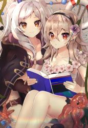 Rule 34 | 2girls, absurdres, basket, bikini, black cape, black hairband, black ribbon, blush, book, breasts, brown gloves, buckle, buttons, cape, cappukappa, cleavage, closed mouth, collarbone, colored eyelashes, commentary, corrin (female) (fire emblem), corrin (female) (summer) (fire emblem), corrin (fire emblem), english commentary, fire emblem, fire emblem awakening, fire emblem fates, fire emblem heroes, flower, flower necklace, gloves, gold trim, hair between breasts, hair between eyes, hair flower, hair ornament, hairband, highres, holding, holding book, jewelry, kneeling, leaf, lifebuoy, light brown hair, lips, long hair, looking at viewer, medium breasts, multiple girls, necklace, net, nintendo, o-ring, o-ring bikini, octopus, official alternate costume, orange eyes, parted bangs, pointy ears, purple bikini, ribbon, robin (female) (fire emblem), robin (fire emblem), rope, seaweed, shadow, sitting, smile, starfish, swim ring, swimsuit, thigh strap, thighs, twintails, white bikini, white hair, yellow eyes