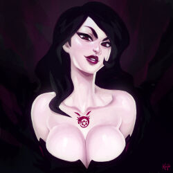 Rule 34 | 1girl, absurdres, artist name, bare shoulders, black dress, black hair, blush, breasts, breasts squeezed together, cleavage, dress, female focus, fullmetal alchemist, highres, homunculus, kajin (kajinman), large breasts, lipstick, long hair, looking at viewer, lust (fma), makeup, parted lips, red eyes, red lips, simple background, smile, solo, strapless, tattoo, thick eyebrows, upper body, v-shaped eyebrows