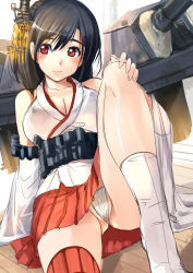 Rule 34 | 10s, 1girl, akasaai, bare shoulders, blush, breasts, brown hair, cleavage, fundoshi, hair ornament, hand on own knee, highres, japanese clothes, kantai collection, large breasts, looking at viewer, panties, pantyshot, partially visible vulva, personification, red eyes, sitting, smile, solo, tabi, underwear, yamashiro (kancolle)