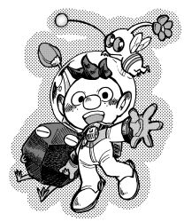 Rule 34 | 1boy, alien, alph (pikmin), backpack, bag, big nose, bud, closed eyes, commentary, dark skin, flower, freckles, gauge, gloves, greyscale, helmet, highres, holding hands, insect wings, looking at viewer, monochrome, nintendo, no mouth, open mouth, outstretched arm, pikmin (creature), pikmin (series), radio antenna, rock, rock pikmin, sitting, sitting on head, sitting on person, smile, solid circle eyes, space helmet, spacesuit, taichohanuma, teeth, upper teeth only, very dark skin, whistle, white background, winged pikmin, wings