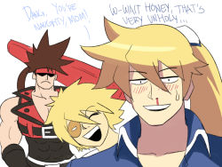 Rule 34 | 3boys, blonde hair, blood, blush, brown hair, casual, english text, eyepatch, family, father and son, frown, guilty gear, guilty gear xrd, headband, highres, ky kiske, multiple boys, nosebleed, ponytail, sin kiske, sol badguy, sweatdrop, tina fate