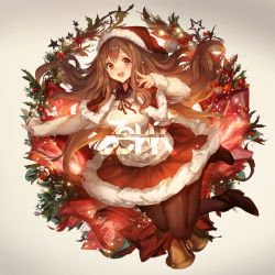 Rule 34 | 1girl, boots, brown eyes, brown hair, capelet, christmas, christmas ornaments, christmas tree, hat, highres, jumping, lm7 (op-center), long hair, looking at viewer, neck ribbon, open mouth, original, pantyhose, pointing, pointing at self, ribbon, santa costume, santa hat, shirt, simple background, skirt, sleeves past wrists, sweater