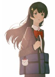 Rule 34 | 1girl, arm at side, backlighting, bag, bag charm, black hair, blue eyes, bow, bowtie, charm (object), collared shirt, cowboy shot, floating hair, from side, grey jacket, grey skirt, hair ornament, hand up, highres, holding strap, jacket, kagura hikari, light blush, long hair, looking at viewer, looking to the side, open clothes, open jacket, parted lips, pleated skirt, raised eyebrows, red bow, red bowtie, school bag, school uniform, seishou music academy uniform, shirt, shoujo kageki revue starlight, shoulder bag, simple background, skirt, solo, sparkle hair ornament, standing, tsumino, white background, white shirt