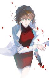 Rule 34 | 1girl, absurdres, bleeding, blood, blood on face, bob cut, breasts, brown hair, coat, cowboy shot, cuts, dress, finger on trigger, floating clothes, green eyes, gun, haibara ai, handgun, highres, holding, holding gun, holding weapon, injury, lab coat, licht730, long sleeves, looking at viewer, medium breasts, meitantei conan, miyano shiho, parted lips, petals, red dress, short hair, simple background, solo, walking, weapon, white background, white coat