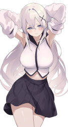 Rule 34 | 1girl, absurdres, armpits, arms behind head, arms up, bare shoulders, black skirt, blue eyes, breasts, closed mouth, collared shirt, commission, cowboy shot, crop top, detached sleeves, frown, hair ornament, high-waist skirt, highres, large breasts, long hair, long sleeves, looking at viewer, midriff, miniskirt, nametarou (meron), original, pleated skirt, shirt, skeb commission, skirt, sleeveless, sleeveless shirt, solo, standing, thighs, very long hair, white hair, white shirt, x hair ornament