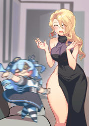Rule 34 | 2girls, :3, ^ ^, amy razor, blonde hair, blue hair, blush, blush stickers, breasts, clapping, closed eyes, dancing, dress, earrings, eyepatch, hair between eyes, highres, hoyo, jalhanda jalhanda naesaekki!!!!! (meme), jewelry, large breasts, last origin, long dress, long hair, lrl (last origin), motion blur, multiple girls, open mouth, pantyhose, print eyepatch, side slit, smile, striped clothes, striped legwear, striped pantyhose, thick thighs, thighs, two side up, wide hips