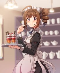 Rule 34 | 1girl, ahoge, alternate costume, apron, blush, breasts, brown hair, closed mouth, commentary, drill hair, enmaided, holding, holding tray, idolmaster, idolmaster million live!, idolmaster million live! theater days, indoors, kamille (vcx68), looking at viewer, maid, maid apron, maid headdress, medium breasts, purple eyes, short hair, side drill, solo, standing, tray, yokoyama nao