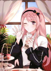 Rule 34 | 1boy, black jacket, blurry, bow, bubble tea, bush, chair, cloud, cup, curtains, day, depth of field, dessert, disposable cup, fern, fingernails, food, hair bow, hairband, hand up, highres, holding, holding cup, holostars, indoors, jacket, long hair, looking at viewer, male focus, nail polish, off shoulder, one eye closed, pink hair, pink nails, purple eyes, sitting, solo, sweater, table, tana (tanabio), teapot, tiered tray, trap, tsukishita kaoru, turtleneck, turtleneck sweater, very long hair, virtual youtuber, waving, white sweater, window