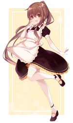 Rule 34 | 1girl, absurdres, alternate costume, apron, black dress, black footwear, blush, brown eyes, brown hair, dress, elbow gloves, enmaided, frilled dress, frills, full body, fumizuki (kancolle), gloves, hair between eyes, highres, kantai collection, long hair, maid, maid apron, open mouth, ponytail, puffy short sleeves, puffy sleeves, shoes, short sleeves, smile, solo, thighhighs, uut, white apron, white gloves, white thighhighs