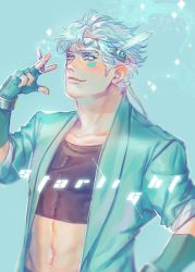 Rule 34 | 1boy, battle tendency, between fingers, caesar anthonio zeppeli, cigarette, coat, crop top, facial mark, feather hair ornament, feathers, fingerless gloves, gloves, green coat, green eyes, hair ornament, headband, holding, holding cigarette, homil22, jojo no kimyou na bouken, long coat, male focus, midriff, sleeves rolled up, smile, solo, sparkle, white hair