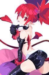 Rule 34 | 1girl, :p, absurdres, black gloves, black skirt, black thighhighs, breasts, commentary request, demon girl, demon tail, demon wings, disgaea, earrings, elbow gloves, etna (disgaea), gloves, hantic888, highres, jewelry, miniskirt, o-ring collar, pointy ears, red eyes, red hair, red tail, red wings, side slit, skirt, skull earrings, small breasts, solo, tail, thighhighs, tongue, tongue out, wings