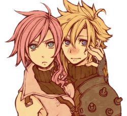 Rule 34 | 10s, 1990s (style), 1boy, 1girl, bad id, bad pixiv id, blonde hair, blue eyes, cloud strife, crossover, dissidia final fantasy, final fantasy, final fantasy vii, final fantasy xiii, fingerless gloves, gloves, lightning farron, long hair, nanase shie, pink hair, retro artstyle, spiked hair, trait connection