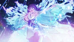 Rule 34 | 1girl, ahoge, armpits, bare shoulders, blue eyes, breasts, brown hair, butterfly wings, cleavage, counter:side, hair between eyes, highres, insect wings, large breasts, light particles, long hair, official art, open mouth, shin jia, sideboob, solo, teeth, upper teeth only, wings