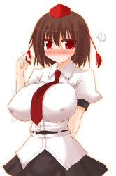 Rule 34 | 1girl, arayama reiichi, bad id, bad pixiv id, blush, breasts, brown hair, covered erect nipples, female focus, hat, impossible clothes, impossible shirt, large breasts, red eyes, shameimaru aya, shirt, solo, tokin hat, touhou