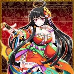 Rule 34 | 1girl, bangle, bell, black hair, bracelet, breasts, choker, cleavage, dress, earrings, floral background, full body, hair ornament, hand up, highres, jewelry, jingle bell, katana, long hair, looking at viewer, orange dress, red eyes, sakuya (stella glow), sash, sheath, sheathed, smile, solo, standing, stella glow, striped clothes, striped thighhighs, sword, thighhighs, tk8d32, very long hair, weapon, wide sleeves