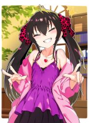 Rule 34 | 1girl, animal print, black hair, blush, breasts, closed eyes, dress, facing viewer, heart, heart necklace, highres, idolmaster, idolmaster cinderella girls, indoors, jacket, jewelry, kazuta1000, leopard print, long hair, matoba risa, necklace, open clothes, open jacket, pink jacket, pink nails, print ribbon, ribbon, small breasts, smile, solo, sparkle, teeth, twintails
