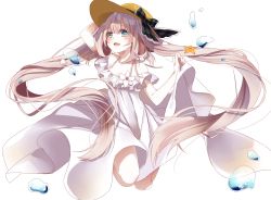 Rule 34 | 1girl, :d, black bow, blue eyes, blush, bow, dress, fate/grand order, fate (series), floating hair, full body, hand on headwear, hat, hat bow, long hair, marie antoinette (fate), marie antoinette (fate/grand order), marie antoinette (swimsuit caster) (fate), marie antoinette (swimsuit caster) (second ascension) (fate), mekune, open mouth, silver hair, simple background, skirt hold, sleeveless, sleeveless dress, smile, solo, sun hat, twintails, undressing, very long hair, white background, white dress, yellow hat
