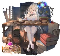 Rule 34 | 1girl, bad id, bad pixiv id, black footwear, blonde hair, book, breasts, character request, copyright name, glasses, hair ornament, highres, indoors, large breasts, long hair, pantyhose, pointy ears, potion, quill, red eyes, shoes, unworn shoes, sitting, skirt, soles, suerte, table, the symphony of dragon and girls, white pantyhose, yellow eyes