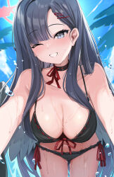 Rule 34 | 1girl, absurdres, baba kirika, bare arms, bare legs, bare shoulders, bikini, black bikini, black hair, black wings, blue archive, blush, breasts, cleavage, collarbone, cowboy shot, feathered wings, grey eyes, grin, hair ornament, hairclip, halo, highres, ichika (blue archive), large breasts, long hair, looking at viewer, one eye closed, red halo, smile, solo, swimsuit, water drop, wet, wings