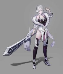 Rule 34 | 1girl, absurdres, bare shoulders, black thighhighs, braid, breasts, closed mouth, detached sleeves, french braid, full body, fur trim, grey eyes, hand up, high heels, highres, holding, holding sword, holding weapon, jozy, legs apart, lipstick, makeup, mascara, medium breasts, original, purple lips, shadow, shoes, short hair, smile, solo, standing, sword, thighhighs, tiara, weapon, white footwear, white hair