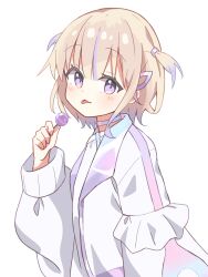 Rule 34 | 1girl, blush, brown hair, candy, commentary request, food, highres, holding, holding candy, holding food, holding lollipop, hololive, hololive dev is, jacket, lollipop, long sleeves, looking at viewer, multicolored hair, open clothes, open jacket, puffy long sleeves, puffy sleeves, purple eyes, purple hair, ryoku sui, shirt, simple background, solo, streaked hair, todoroki hajime, tongue, tongue out, two side up, upper body, virtual youtuber, white background, white jacket, white shirt