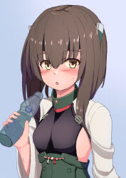 Rule 34 | 1girl, absurdres, bottle, breasts, brown eyes, brown hair, chestnut mouth, corset, gradient background, grey background, headband, headgear, highres, kantai collection, looking at viewer, ramune, short hair with long locks, small breasts, solo, taihou (kancolle), tsukimoto reiji, upper body, wide sleeves