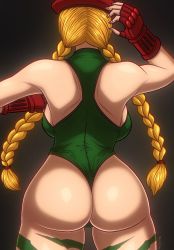 Rule 34 | 1girl, artist request, ass, backboob, bare shoulders, beg4cake, beret, blonde hair, braid, breasts, cammy white, capcom, from behind, hat, highres, huge ass, leotard, long hair, shiny skin, solo, street fighter, street fighter ii (series), thigh gap, thong leotard, twin braids, very long hair