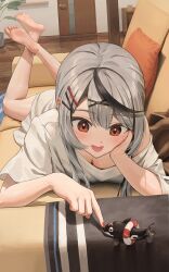 Rule 34 | 1girl, absurdres, bare legs, barefoot, black hair, breasts, cleavage, couch, feet, grey hair, hair ornament, highres, hololive, inu (sakamata chloe), lying, medium breasts, multicolored hair, on couch, on stomach, open mouth, oversized clothes, oversized shirt, red eyes, red nails, remi (rem67763852), sakamata chloe, shirt, sidelocks, soles, solo, streaked hair, the pose, toes, virtual youtuber, white shirt, x hair ornament