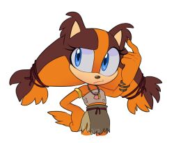 Rule 34 | 1girl, absurdres, armlet, artist name, blue eyes, bracelet, brown fur, fur shirt, fur skirt, furry, furry female, gincalico, gold armlet, highres, jewelry, looking to the side, necklace, orange fur, shell, shell necklace, shirt, simple background, sleeveless, sleeveless shirt, solo, sonic (series), sonic boom (series), sticks the badger, thinking, two-tone fur, white background