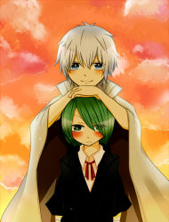 Rule 34 | 1boy, 1girl, age difference, akame ga kill!, black suit, blue eyes, blush, cape, child, closed mouth, couple, eyelashes, formal, green eyes, green hair, hair between eyes, hair over one eye, hands on another&#039;s head, height difference, looking at viewer, lubbock, najenda, red ribbon, ribbon, short hair, size difference, sky, smile, standing, suit, sunset, tuxedo