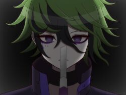Rule 34 | 1boy, artist name, black eyes, black hair, boxcutter, copyright request, cross-shaped pupils, eye piercing, facial mark, gradient background, green hair, grey background, hair between eyes, highres, holding, holding knife, knife, makeup, male focus, mascara, master detective archives: rain code, messy hair, multicolored hair, purple eyes, short hair, solo, suiren yurei, symbol-shaped pupils, teeth, two-tone hair