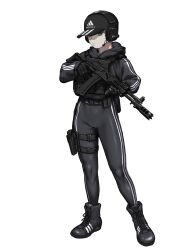 Rule 34 | 1girl, adidas, ak-12, armor, assault rifle, baseball cap, boots, bow, bulletproof vest, cross-laced footwear, ear protection, full body, green eyes, gun, handgun, hat, highres, holding, holding gun, holding weapon, holster, jacket, kalashnikov rifle, korean commentary, lace-up boots, looking at viewer, original, pants, rifle, short hair, simple background, solo, striped bow, striped clothes, striped jacket, striped pants, suddm, thigh holster, tight clothes, tight pants, track jacket, trigger discipline, variant set, weapon, white background